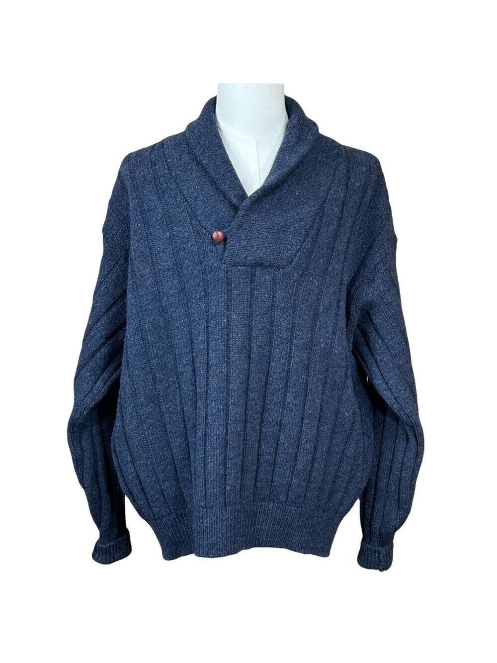 Lands' End Men's Blue Wool Cable Knit Shawl Collar Fisherman Sweater Size XL